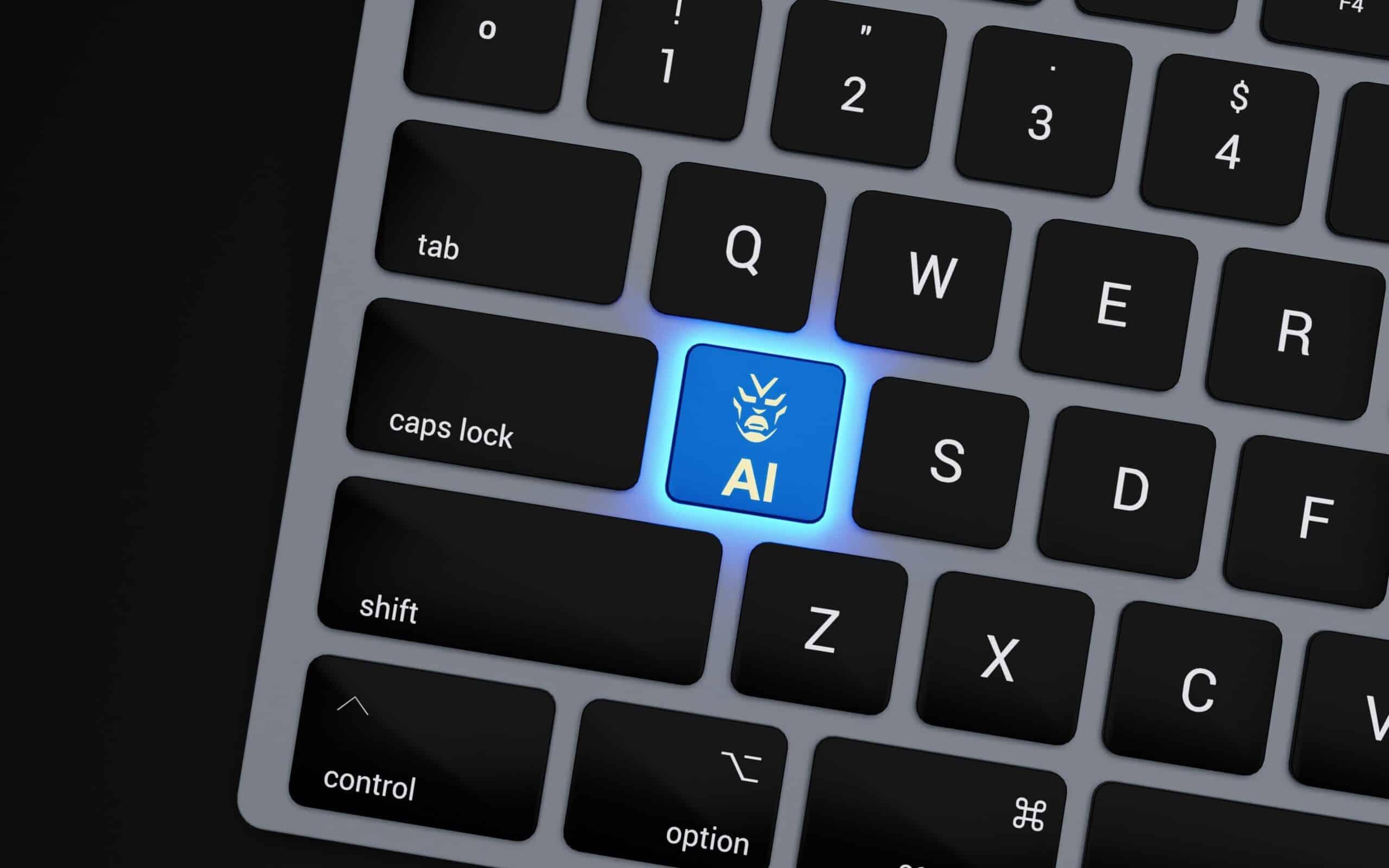 a close up of a keyboard with a blue button